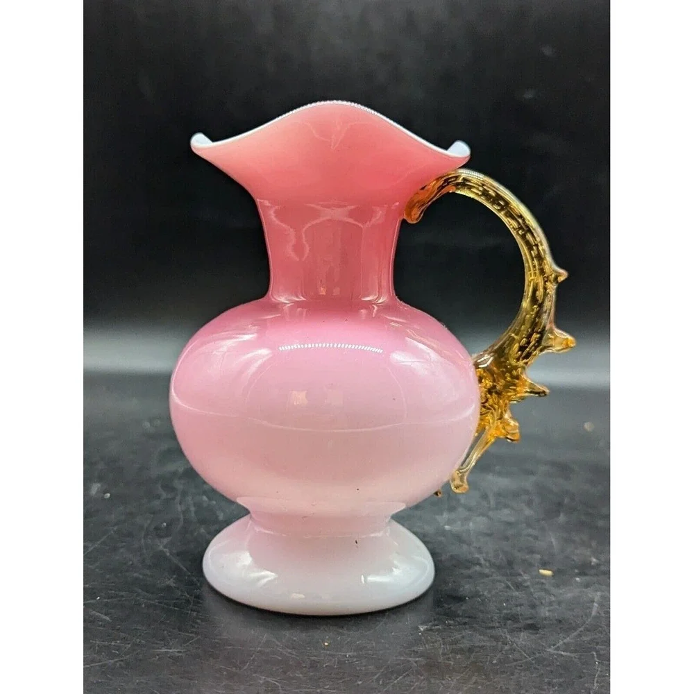 Stevens Williams Cased Peachblow Cranberry Glass Pitcher Thorn Amber Handle 5.75